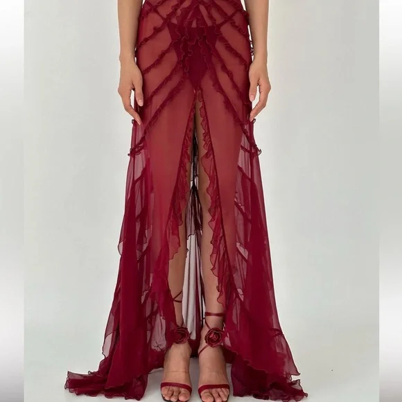 Mirror Palais Cascading Ruffle Gown in Sangre (Sheer) - Picture 5 of 10